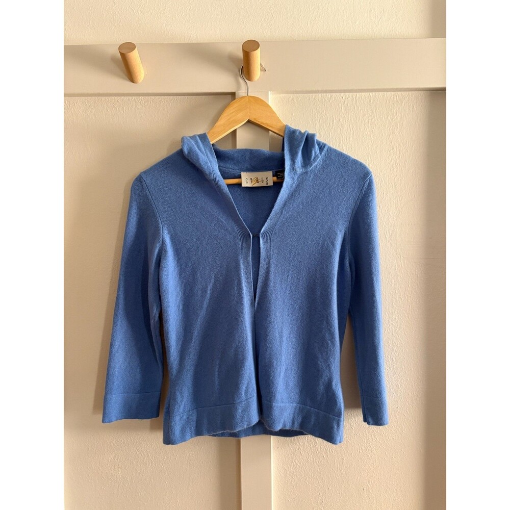 Vtg Cyrus 100% Cashmere Hoodie Cardigan Sweater M Blue 3/4 Sleeve Made in Malta